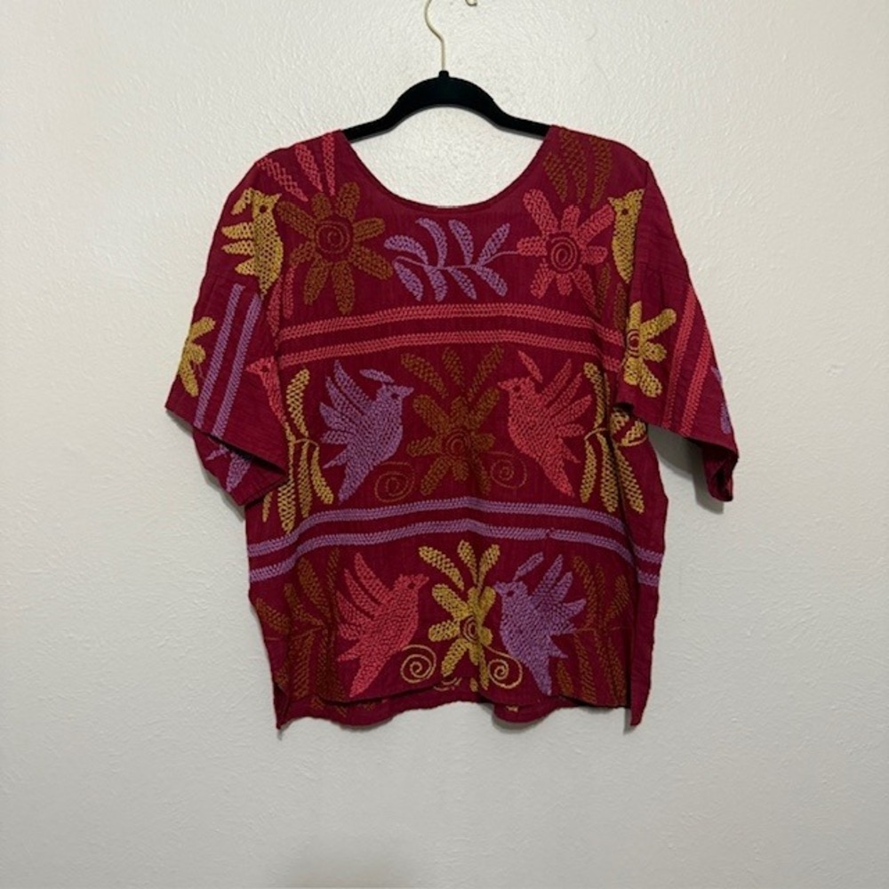 Sister Mary Luna Embroidered Cotton Top Red Bird Floral Boho Blouse Small